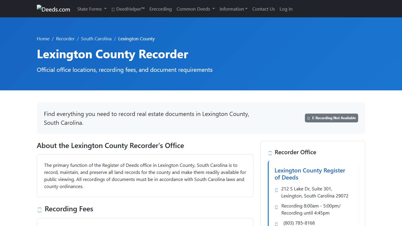 Lexington County Recorder Information, South Carolina - Deeds.com